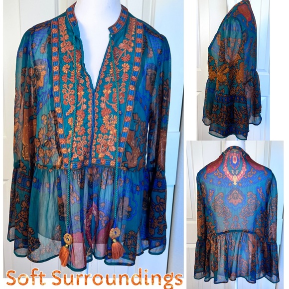 Soft Surroundings Tops - Soft Surroundings Sheer Blouse Embroidery Tassels Bell Sleeve Sz Small